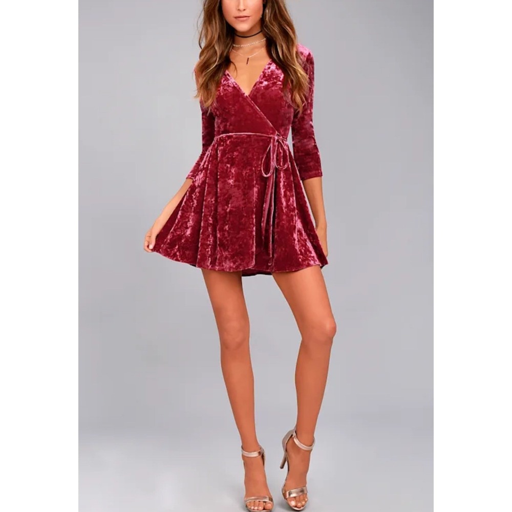 Lulus Crushed Velvet Wrap Dress Wine Long Sleeve Mini xs boho Y2K‎ whimsi - Picture 2 of 8